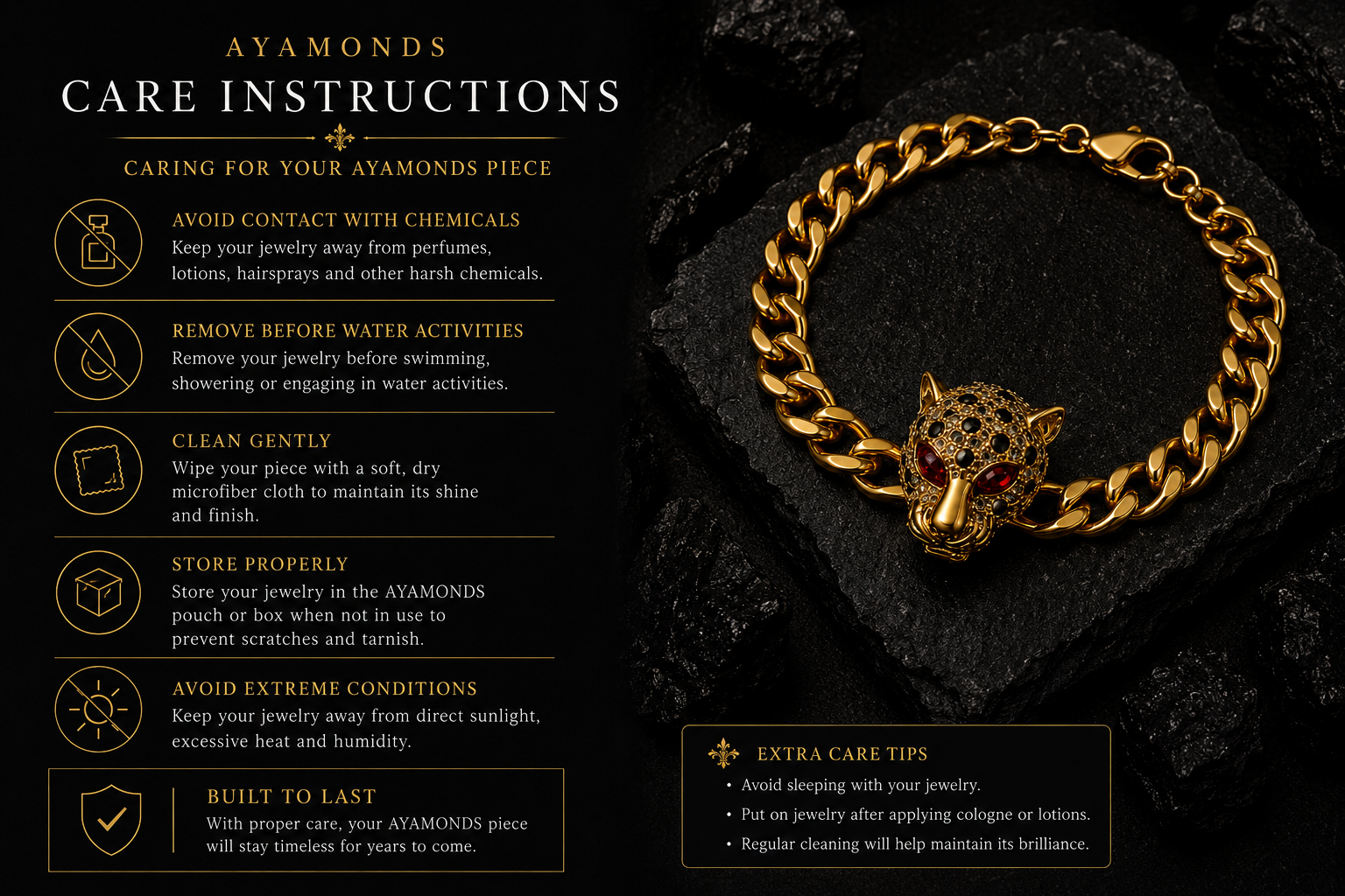 Gold chain bracelet with panther design on a dark background, accompanied by Aymonds care instructions.