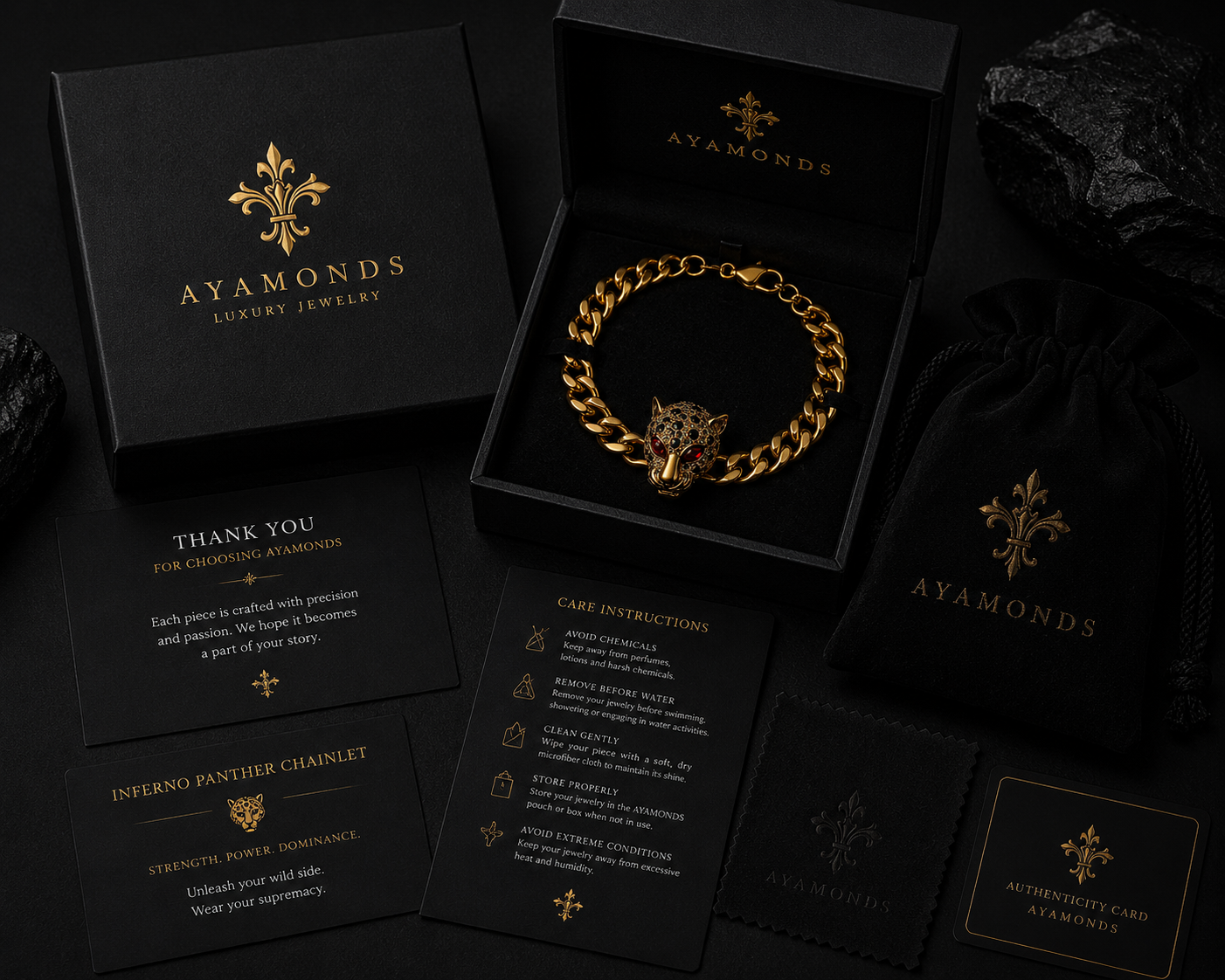 Gold chain bracelet in an Ayamonds jewelry box with branded materials.
